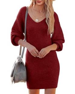 Saodimallsu Strickkleid Damen V-Ausschnitt Pulloverkleid Langarm Pullover Elegant Minikleid Sweater Freizeitkleider Tunika Pullikleid Strickpullover Kleid für Herbst Winter Weinrot XL von Saodimallsu