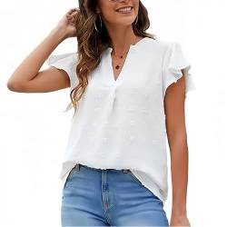 Satohom Damen Elegant Bluse Chiffon Rüschenbluse Swiss Dot Einfarbig Shirt V-Ausschnitt Leicht und Atmungsaktiv Lockerer Kurzarm Lässig Oberteile Tops Frauen Casual Blusen Sommer Loose Fit von Satohom