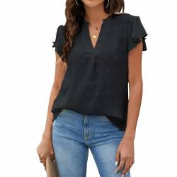 Satohom Damen Mode Kurze Ärmel Chiffon Beiläufig Blusen Oberteile Halbe Rüschen Schlaghülse Hemden Tops Einfarbig V-Ausschnitt Lässig Kurzärmlig T-Shirt Schicke Polka Dot Büro Shirts S-L von Satohom