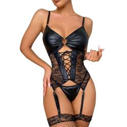 Satohom Frauen Dessous Sexy Leder Spitze Reizwäsche Nightdress, Erotische Translucent Spitze Riemchen Bodysuit mit G-String, Damen Sexy Lack Unterwäsche V-Ausschnitt Nachthemd Partykleid von Satohom