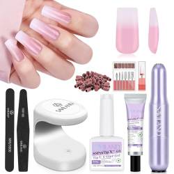 Saviland Weiche Gel Press On Nails Set, 256PCS Rosa Weiß Gradient Lange Square Soft Gel X Nail Tips Full Cover Nägel, mit Nail Glue Gel Solid Gel Nail Glue UV Nagellampe Nagelfräser Frauen Geschenkbox von Saviland