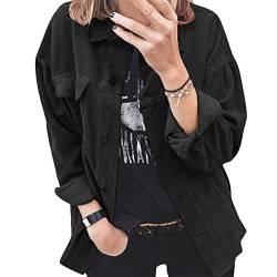 Sawmew Cordhemd Cordjacke Damen Oversize Shirt Frauen Hemdjacke aus Cord Langarm Lose Revers Cordstoff Bluse mit Knöpfen Frühling Herbst Hemd Outwear (Color : Black, Size : 2XL) von Sawmew