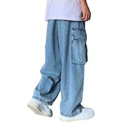 Sawmew Herren Hip Hop Baggy Jeans Fashion Print Loose Fit Wide Leg Y2k Harajuku Denim Pants(Color:Blue,Size:3XL) von Sawmew