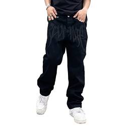 Sawmew Herren Jeans Buchstabe Drucken Jeanshosen Patchwork Jeanshose Denim Hosen Baggy Hip Hop Jeans Vintage Y2K Straight Leg Streetwear (Color : Black, Size : M) von Sawmew