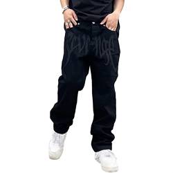 Sawmew Streetwear Print Schwarze Baggy Jeans für Herren Hosen Gerade Hip Hop Y2K Gothic Denim Hose (Color : Black, Size : M) von Sawmew