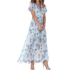 Mini Kleider Damen Rüschen Kurzarm Ärmellose Sommerkleid Spaghettiträger Strandkleid Damen Sommer Blumendruck Kleid Damen Sommer Elegant Midi Sommerkleid Für Damen Frauen Kleidung(Himmelblau,L) von Saymany