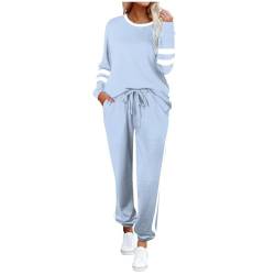 Schlaghose Damen Strick Homewear Damen Loungewear Damen Set Anzug Damen Hausanzug Damen Trainingsanzug Damen Anzug Damen Elegant 2 Teiler Jogginganzug Hausanzug Damen Kurzgröße(1-Sky Blue,L) von Saymany