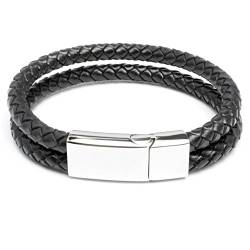 Echt Leder Herren Armband doppelt schwarz geflochten Edelstahl silber Schließe Hochwertig Bikerschmuck Männer Geschenk (20.5) von Schmuck-Checker