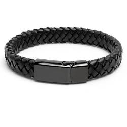 Echt Leder Herren Armband schlicht 12mm breit schwarz geflochten Edelstahl Schließe Hochwertig Männer Geschenk (23.5) von Schmuck-Checker