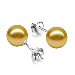 Schmuckwilli Perlenohringe für Damen & Mädchen - mit 10mm großen golden runden Mallorca Muschelkernperlen - Elegante Ohrringe für jeden Anlass - Ohrstecker - Ohrhänger Pearl earrings von Schmuckwilli