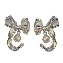 Scnvsi Elegante Ohrringe mit Schleife, zierliche Ohrringe mit Schleife aus Kupfer und Perlenfransen, baumelnd für Partys und Versammlungen von Scnvsi