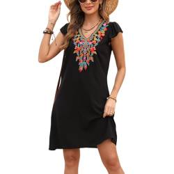 Seasonal Boho Kleidung Damen, Sommerkleid Damen Elegant Kleider Casual V Ausschnitt, Folklore Besticktes Kleid in A-Linie, Hippie Lose Kurzarm Strandkleider Sommer Flowy Bohemian Tunika von Seasonal