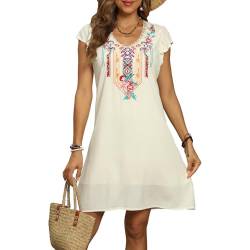 Seasonal Boho Kleidung Damen, Sommerkleid Damen Elegant Kleider Casual V Ausschnitt, Folklore Besticktes Kleid in A-Linie, Hippie Lose Kurzarm Strandkleider Sommer Flowy Bohemian Tunika von Seasonal