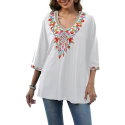 Seasonal Boho Tunika Damen Sommer Mexikanische Blumen Bestickt V-Ausschnitt Top 3/4 Ärmel Hippie Lose Frauen Folklore Tops(804-Weiß,XXL) von Seasonal