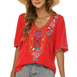 Seasonal Tunika Damen Sommer Boho Bluse Folklore Stickerei oberteil Trachten hippie Kleidung Kurzarm V-Ausschnitt (L, 443-Rot) von Seasonal