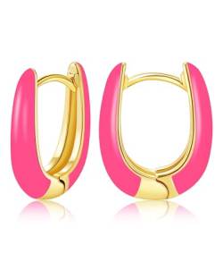 Kleine Emaille Creolen Ohrringe für Frauen, 18 Karat Vergoldete Hypoallergene Süßer Emaille Huggie Ohrring für Frauen Mädchen Schmuckges Chenke (Hotpink-U-Form) von Secroma