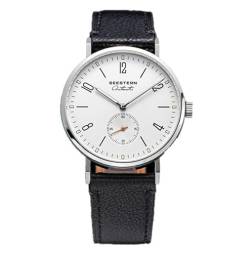 Seestern S382 Mechanische Automatikuhr Stahl Schwarz Weiß Leder Saphir Herrenuhr, Schwarz von Seestern