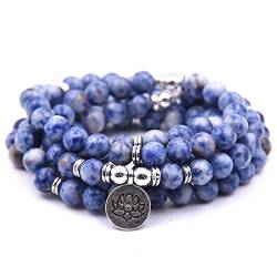 108 Naturperlen Mala Yoga Armband mit Lotus Charm (Blauer Spitzenachat (Blue Lace Agate)) von Self-Discovery
