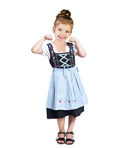 Kinder-Dirndl 3 teilig Dik06 Gr. 128, Trachten-Kleid hellblau-schwarz Dirndel-Bluse -Schürze für Oktober-Fest von Seruna Dirndl