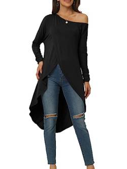 Seta T Damen Hoch Niedrig Tops Shulterfrei Vorderseite Split Langarm Unregelmäßiger Saum Lässig Bluse Hemdkleid Schwarz S von Seta T