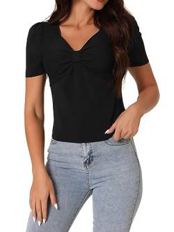 Seta T Damen Kurzarm Bluse Sommer T-Shirts Lässig Herzförmiger Ausschnitt Gerippt Strickoberteil Schwarz S von Seta T