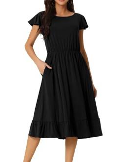 Seta T Damen Sommer Freizeitkleid mit Taschen Flatterndes Kurzarm Rundhalsausschnitt Rüschensaum Midikleid Schwarz S von Seta T