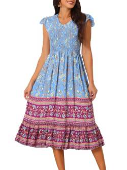 Seta T Damen Sommerkleid Lässig Blumen Flatterärmel V-Ausschnitt Gesmoktes Hohe Taille Boho Kleid Blau L von Seta T