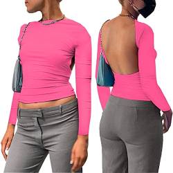 Sfit Backless Top Damen Y2K Rückenfreies Top Sexy Slim Fit Backless Shirt Langarm Cropped Oberteil Front Back Reversible Tops Cut Out Shirts Streetwear(Rosarot,XS) von Sfit