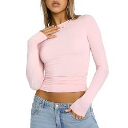 Sfit Langarmshirt Slim Fit Damen Y2K Oberteile Langarm Shirts Rundhals Cropped Tee Einfarbig Basic Crop Tops Casual Athletisches Top Teenager Streetwear(Hellrosa,XS) von Sfit