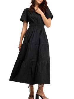 ShallWe Damen Basic Einfarbig Schwarz Sommerkleid Casual Lang Maxi Kurzarm Layered Baumwolle V Ausschnitt A Linie Mode Reise, Schwarz, Mittel von ShallWe