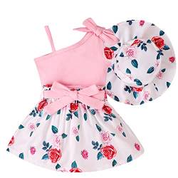 ShangSRS Baby Kleidung Mädchen Set 3 Stück Suspenders Ärmellos Bogen Einfarbig Top +Floral Rock+Floral Kappe Sommer Bekleidungssets (Rosa, 12-24 Monate) von ShangSRS