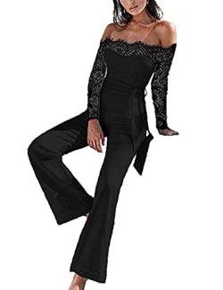 ShangSRS Elegant Damen Jumpsuit mit Spitze Nähte mit Schmetterlings Lang Jumpsuit Playsuit Party (Schwarz, L) von ShangSRS