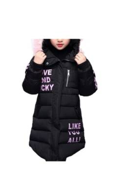 ShangSRS Mantel Mädchen mit Fellkapuze Lang Wattierte Jacke mit Buchstaben, Winterjacke Girl mit Pelzmütze Oberbekleidung Kinderjacke (Schwarz, 140) von ShangSRS