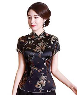 Shanghai Story Chinese Cheongsam Shirt Kurzarm China Bluse für Damen, Schwarz, 4XL von Shanghai Story