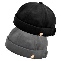 2 Stücke Docker Cap Herren, Brimless Cotton Docker Cap Einstellbare Kopfgröße, Atmungsaktiv Schweiß absorbieren Cap ohne Schirm 100% Baumwolle für Einkaufen Angeln Spazierengehen, Schwarz, Grau von Shengxi