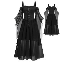 Gothic Halloween Kleid Kostüm Damen Gothic Punk Kleid Frauen A-Linie Spitze Maxikleider mit Schmetterlingsärmeln Festliches Vintage Schwarzes Hexenkleid Cosplay Club Kostü e von Shenrongtong