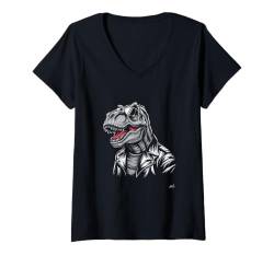 Damen Cooles T-Rex in Lederjacke, lustiges Dinosaurier-Liebhaber-Kunstwerk T-Shirt mit V-Ausschnitt von Shirt-o-Topia