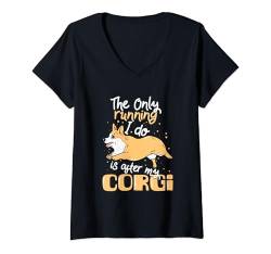 Damen Ich renne nur hinter meinem Corgi Lustiger Hundeliebhaber her T-Shirt mit V-Ausschnitt von Shirt-o-Topia