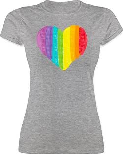 Shirt Damen - LGBTQ Kleidung Pride Flag - Regenbogen Herz - L - Grau meliert - queer gay Oberteile mit Herzen LGBT t-shirts t-shirt csd oberteil t lqbtq Funshirt bunten lgbtqia tshirt mädchen von Shirtracer