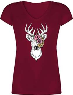 T-Shirt Damen V Ausschnitt - Kompatibel Oktoberfest - Hirsch mit bunten Blumen - XL - Bordeauxrot - Bayern Tracht Tshirt t Shirt Frau bayrischer Abend Outfit Oberteil trachtenleiberl Oberteile von Shirtracer