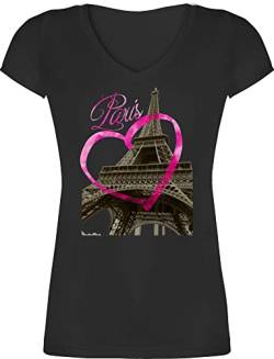 T-Shirt Damen V Ausschnitt - Stadt und City Outfit - I love Paris - M - Schwarz - tshirt valemtinstagsgeschenk Pariser shirt valentinstaggeschenk Eifelturm tischert Eiffelturm oberteil frankreich von Shirtracer