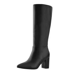 Shoe'N Tale Kniehohe Stiefel für Damen, Blockabsatz, Herbst, Winter, spitze Zehenpartie, mit seitlichem Reißverschluss, Schwarz (Black Pu), 42 EU von Shoe'N Tale