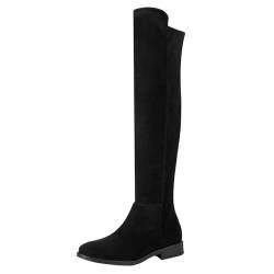 Shoe'N Tale Oberschenkelhohe Overknee-Stiefel für Damen, flacher niedriger Absatz, Herbst, Winter, Stretch-Wildleder, lange runde Zehenpartie, Schwarz, 39 EU von Shoe'N Tale