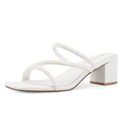 Shoe'N Tale Riemchensandalen für Damen, niedrig, klobig, Blockabsatz, quadratisch, offener Zehenbereich, Slipper, Pantoletten, white pearl, 35.5 EU von Shoe'N Tale