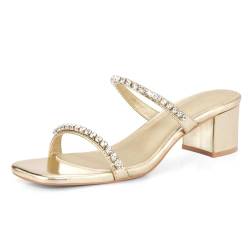 Shoe'N Tale Riemchensandalen für Damen, quadratisch, offener Zehenbereich, zwei Riemen, niedriger Blockabsatz, Slipper, elegante Sandalen, Goldfarbene Strasssteine, 37.5 EU von Shoe'N Tale