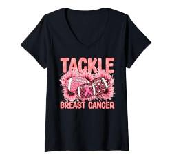 Damen Tackle Brustkrebs Pink Fußball Familie Männer Frauen Kinder Spaß T-Shirt mit V-Ausschnitt von Shopp