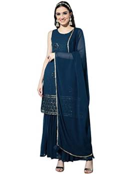 Shopping Queen Damen Georgette bestickt Kurta und Sharara & Dupatta Set, Pfauenblau, X-Small von Shopping Queen