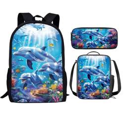 Showudesigns 3-teiliges Schulranzen-Set für Kinder, Rucksack und Lunchbox, langer Riemen, Federmäppchen, Mädchen und Jungen, Ein Delfin, Einheitsgröße von Showudesigns