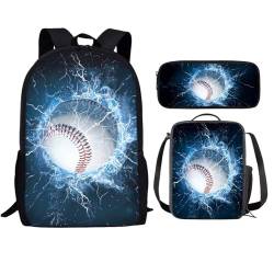 Showudesigns 3-teiliges Schulranzen-Set für Kinder, Rucksack und Lunchbox, langer Riemen, Federmäppchen, Mädchen und Jungen, Ein cooler Baseball, Einheitsgröße von Showudesigns