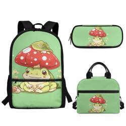 Showudesigns Kinder-Rucksack mit Lunchbox für Mädchen 8-10 10-12 Jungen Federmäppchen Set 3 in 1, Niedlicher Pilzfrosch, Einheitsgröße, Tagesrucksäcke von Showudesigns